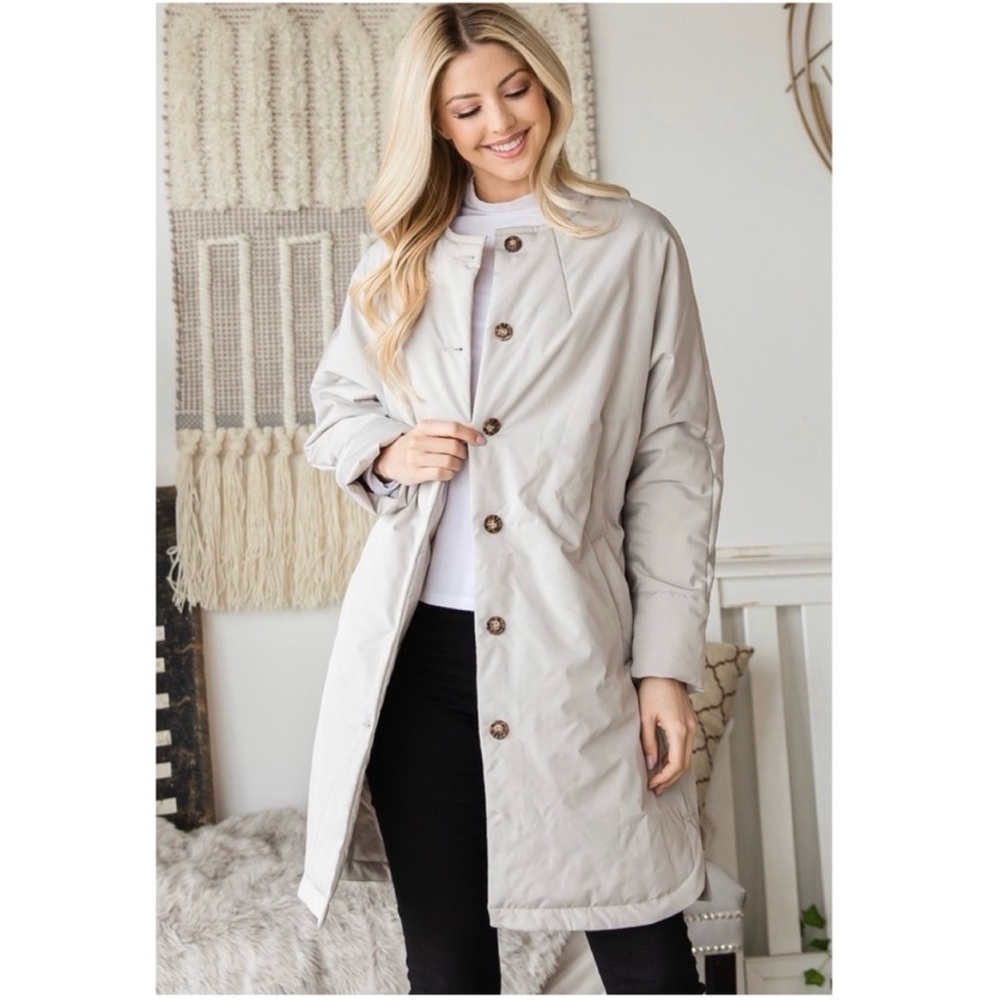 NWT! Cream Long Body Nylon Button Downstyle Winter Jacket Coat